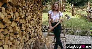 Skinny redhead russian babe Kate Great stripping and chopping the firewood